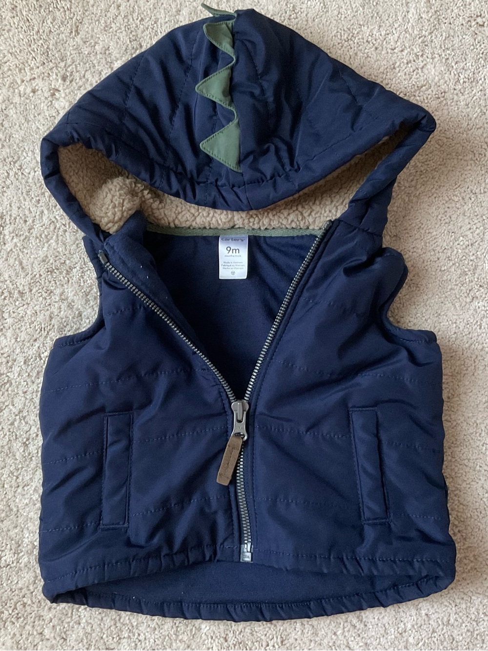Carter's Navy Puffer Vest with Sherpa Lining and Green Trim